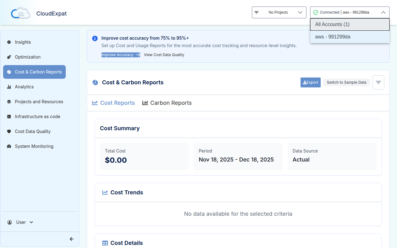 All Accounts selector in the dashboard